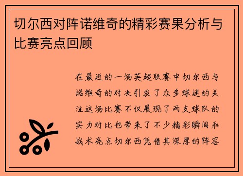 切尔西对阵诺维奇的精彩赛果分析与比赛亮点回顾