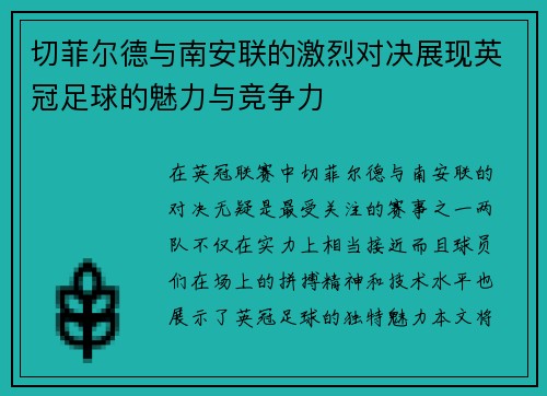 切菲尔德与南安联的激烈对决展现英冠足球的魅力与竞争力