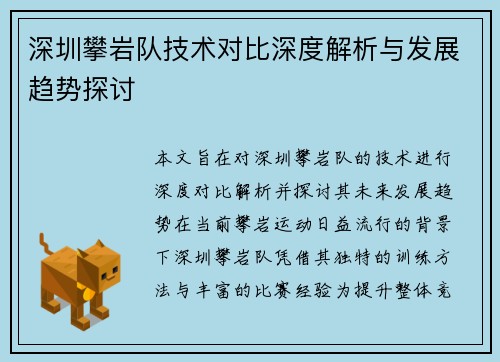 深圳攀岩队技术对比深度解析与发展趋势探讨