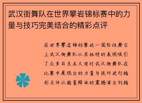 武汉街舞队在世界攀岩锦标赛中的力量与技巧完美结合的精彩点评