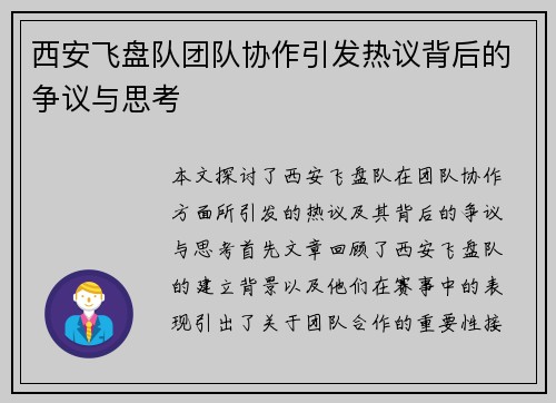 西安飞盘队团队协作引发热议背后的争议与思考