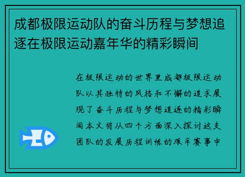 成都极限运动队的奋斗历程与梦想追逐在极限运动嘉年华的精彩瞬间