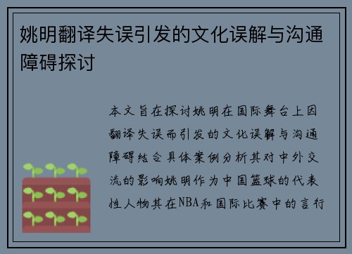 姚明翻译失误引发的文化误解与沟通障碍探讨