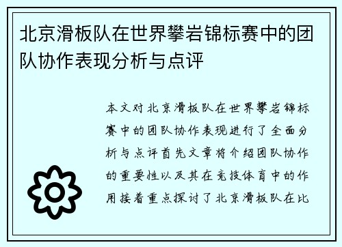 北京滑板队在世界攀岩锦标赛中的团队协作表现分析与点评