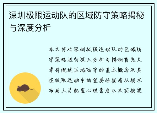 深圳极限运动队的区域防守策略揭秘与深度分析