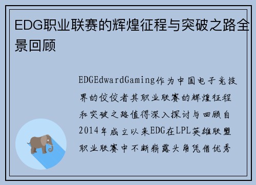 EDG职业联赛的辉煌征程与突破之路全景回顾